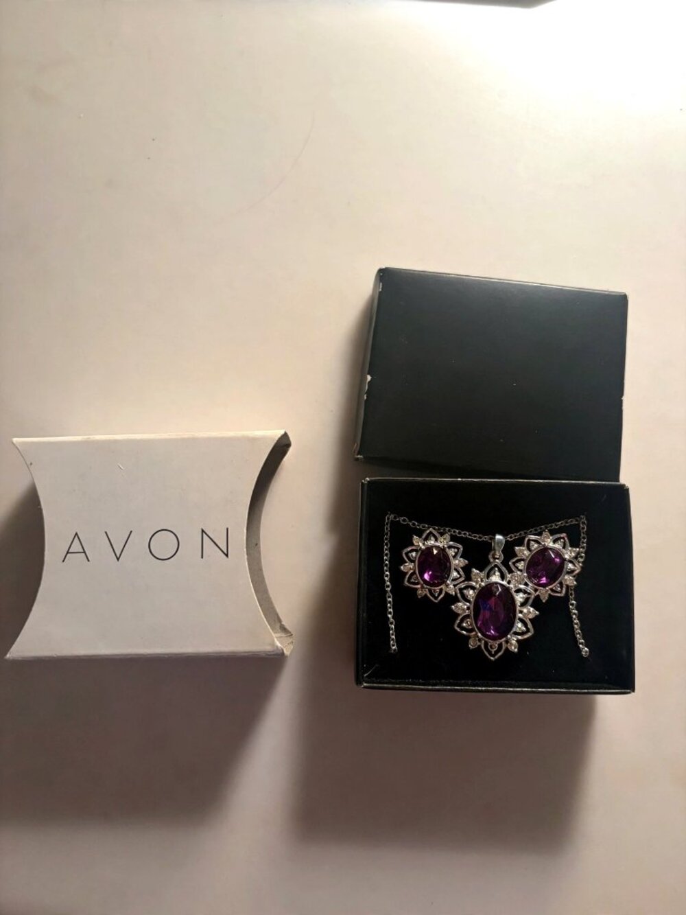 Avon February Birthstone Necklace Earrings Set Amethyst Purple Silver